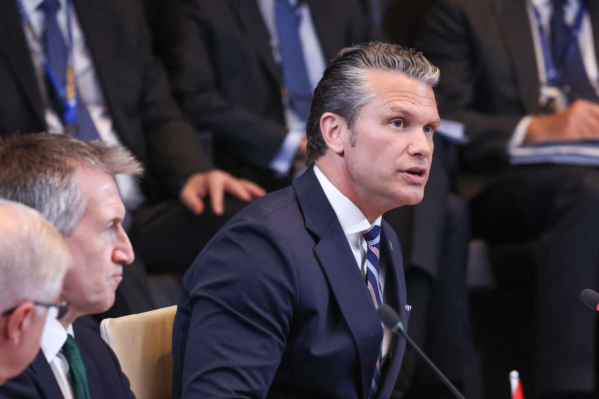 U.S. Secretary of Defense Pete Hegseth addresses the North Atlantic Council meeting of defense ministers at the NATO headquarters on June 18, 2026, in Brussels, Belgium.