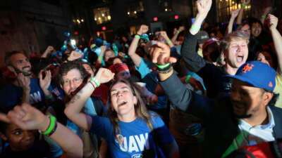 Supporters of NYC Congressional Candidate Claire Valdez celebrate as she is announced the winner of her race during her primary night watch party at 99 Scott Studio on June 23, 2026, in East Williamsburg, Brooklyn, New York City.