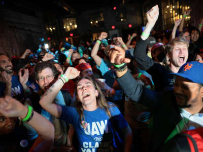 Supporters of NYC Congressional Candidate Claire Valdez celebrate as she is announced the winner of her race during her primary night watch party at 99 Scott Studio on June 23, 2026, in East Williamsburg, Brooklyn, New York City.