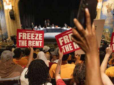 Tenant rights groups attend the final hearing of the New York City Rent Guidelines Board on June 25, 2026, held at the El Museo del Barrio in the East Harlem neighborhood of New York City. In a victory for tenants and Mayor Zohran Mamdani’s administration, the board voted for a zero increase in rent stabilized apartments, which make up about 40 percent of the rental market in New York City.