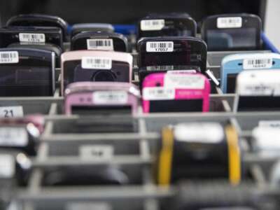 Phones are stored at the research lab of the Israeli firm Cellebrite on November 9, 2016, in the Israeli city of Petah Tikva. The FBI used the company’s software to secretly extract data from protesters’ phones.