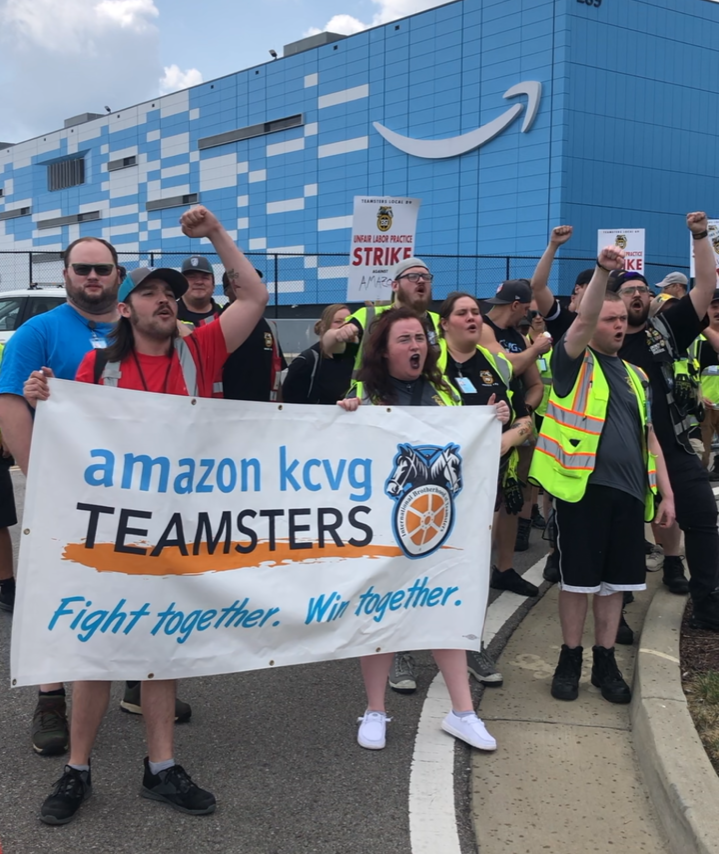 Workers at Amazon’s air cargo hub in northern Kentucky strike in July 2024.