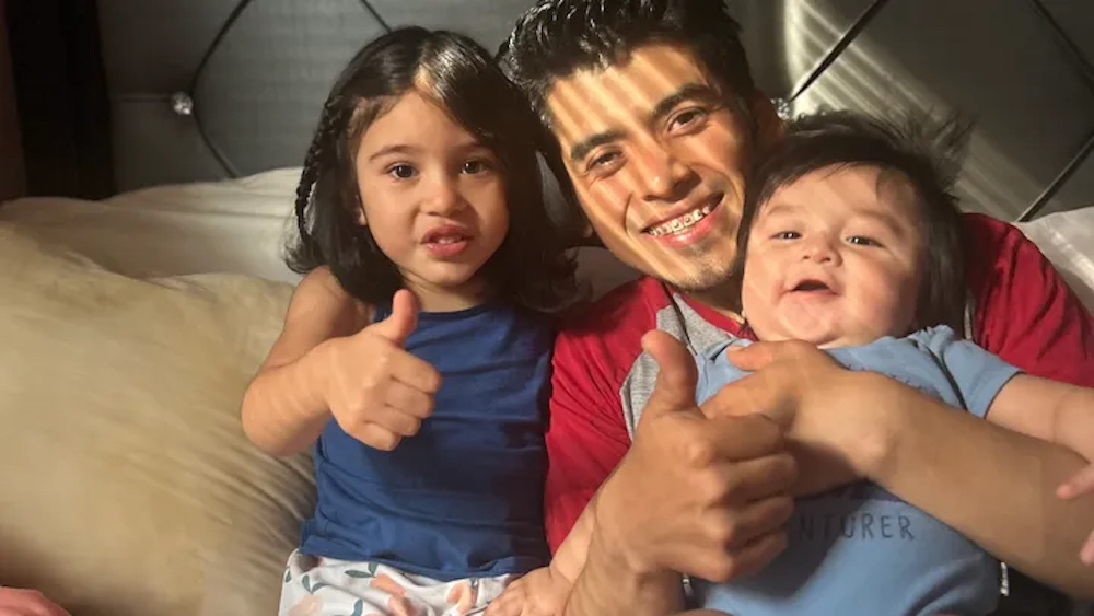 In a photo taken several months before ICE abducted Martin Soto, Martin poses with his daughter Vero (then 3 years and seven months old) and his son Noah (then 5.5 months old).