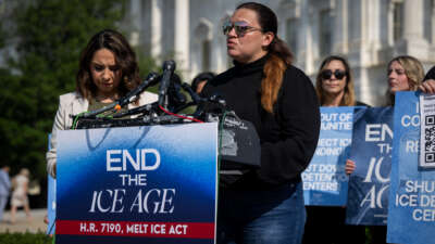 Congresswoman Delia C. Ramirez is joined by Sonimar Maria, the sister of Jesús Manuel Arenas-Silva, a Venezuelan immigrant who was detained on July 13 and died in ICE custody two days after, to demand that members of Congress pass the H.R. 7190, The Melt ICE Act, on July 23, 2026, in Washington, D.C.