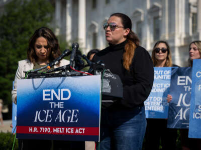 Congresswoman Delia C. Ramirez is joined by Sonimar Maria, the sister of Jesús Manuel Arenas-Silva, a Venezuelan immigrant who was detained on July 13 and died in ICE custody two days after, to demand that members of Congress pass the H.R. 7190, The Melt ICE Act, on July 23, 2026, in Washington, D.C.