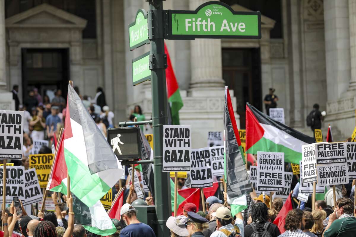 Thousands of pro-Palestine protestors rally and march through mid-town Manhattan during the "Mass March for Humanity" action on August 16, 2025. Dozens of groups assembled to decry the starvation of the people in Gaza, the killing of journalists in Palestine by Israeli forces, and the United States' continuing support of the Israeli military.