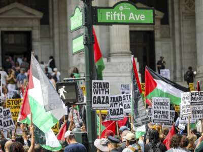 Thousands of pro-Palestine protestors rally and march through mid-town Manhattan during the "Mass March for Humanity" action on August 16, 2025. Dozens of groups assembled to decry the starvation of the people in Gaza, the killing of journalists in Palestine by Israeli forces, and the United States' continuing support of the Israeli military.