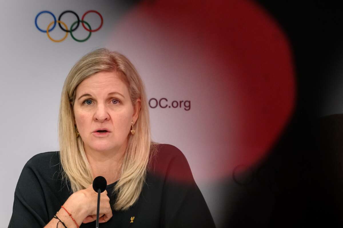 International Olympic Committee president Kirsty Coventry speaks during a press conference during an IOC session in Lausanne on June 24, 2026.