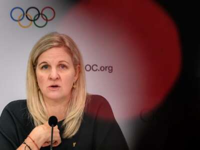 International Olympic Committee president Kirsty Coventry speaks during a press conference during an IOC session in Lausanne on June 24, 2026.