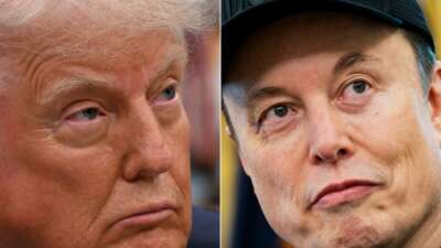(COMBO) This combination of pictures created on June 5, 2025 shows US President Donald Trump in the Oval Office of the White House, in Washington, D.C., on May 5, 2025 and Elon Musk in the Oval Office of the White House in Washington, D.C., on May 30, 2025.