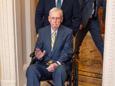 Sen. Mitch McConnell (R-Kentucky) arrives for the Senate Republicans' lunch meeting in the U.S. Capitol on Tuesday, April 14, 2026.
