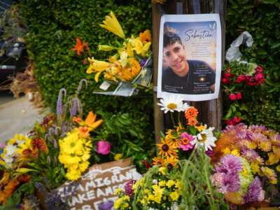 A makeshift memorial is seen a day after a man was fatally shot by U.S. Immigration and Customs Enforcement (ICE) agents, on July 14, 2026 in Biddeford, Maine. The victim has been identified as Joan Sebastian Guerrero, a 26-year-old man from Colombia.
