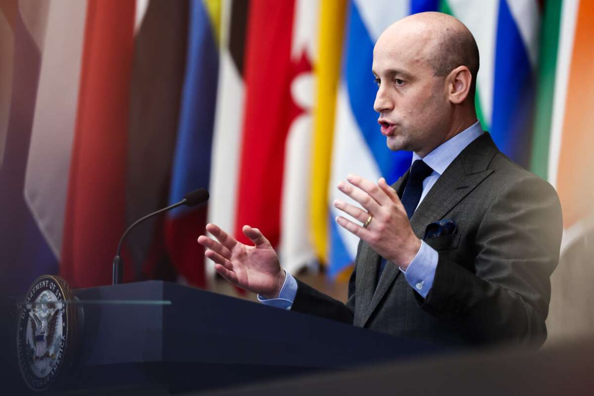 White House Deputy Chief of Staff Stephen Miller addresses the audience during opening remarks at the Ministerial on the Resurgence of Political Terrorism at the State Department on July 16, 2026 in Washington, D.C.