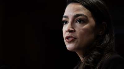 Rep. Alexandria Ocasio-Cortez speaks during a news conference with Sen. Bernie Sanders to announce the Artificial Intelligence Data Center Moratorium Act in the U.S. Capitol on Wednesday, March 25, 2026.