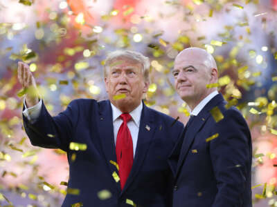 FIFA President Gianni Infantino and President of the United States Donald J Trump stand as confetti comes down after the FIFA World Cup 2026 Final match between Spain and Argentina at New York New Jersey Stadium on July 19, 2026 in East Rutherford, New Jersey.
