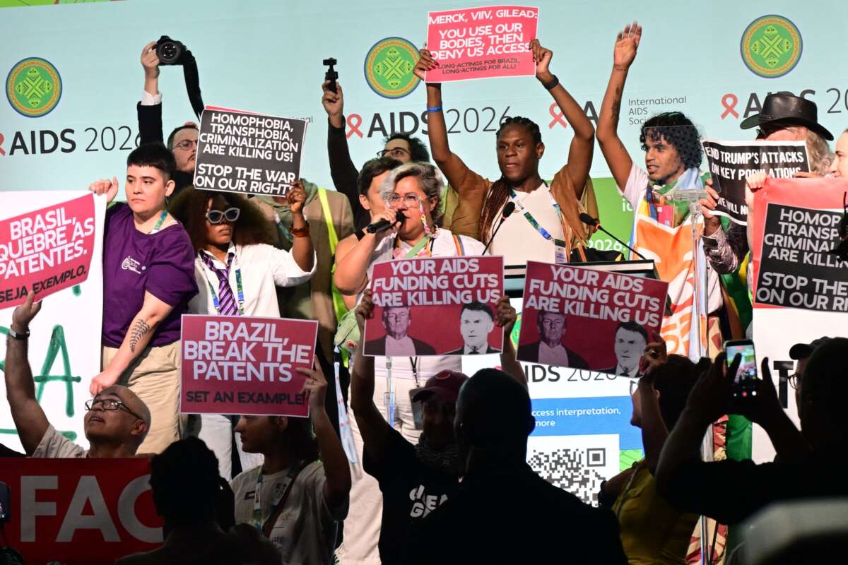 People protest during the opening ceremony of the 26th International AIDS Conference in Rio de Janeiro, Brazil, on July 27, 2026.
