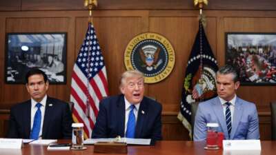 President Donald Trump, alongside Secretary of State Marco Rubio (L) and Secretary of Defense Pete Hegseth (R), speaks during a Cabinet meeting at Camp David in Maryland, on July 31, 2026.