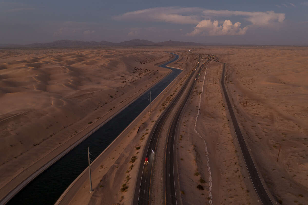 In an aerial view, the All-American Canal conveys water through the Imperial Sand Dunes of California's Colorado Desert, a few miles north of the U.S.-Mexico border, on September 28, 2022.