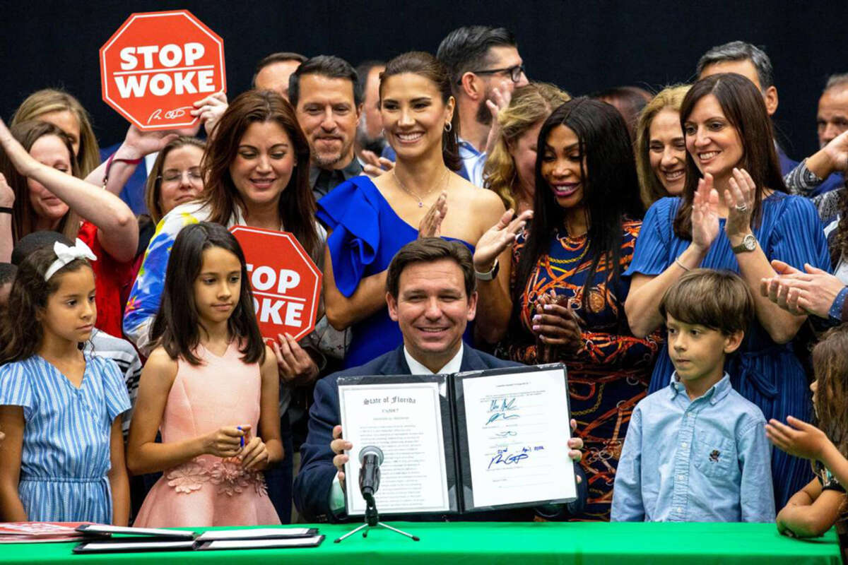 Florida Gov. Ron DeSantis reacts after signing HB 7, also dubbed the “Stop Woke Act,” at Mater Academy Charter Middle/High School in Hialeah Gardens, Florida, on April 22, 2022.