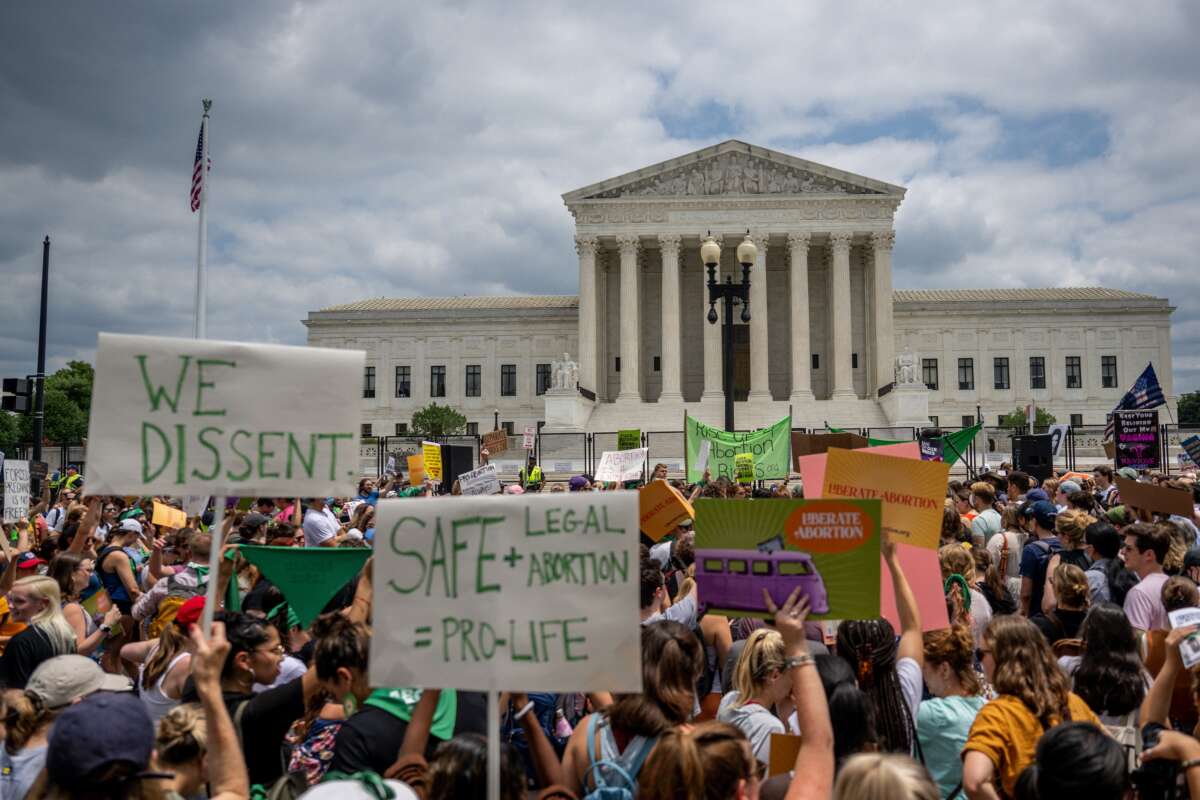 People protest in response to the Dobbs v Jackson Women's Health Organization ruling in front of the U.S. Supreme Court on June 24, 2022, in Washington, D.C.