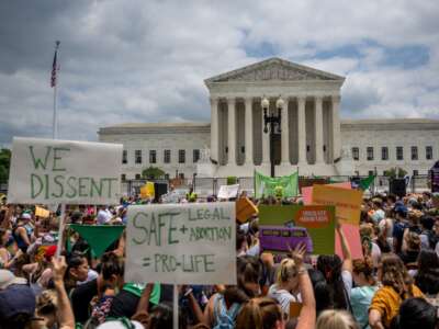 People protest in response to the Dobbs v Jackson Women's Health Organization ruling in front of the U.S. Supreme Court on June 24, 2022, in Washington, D.C.