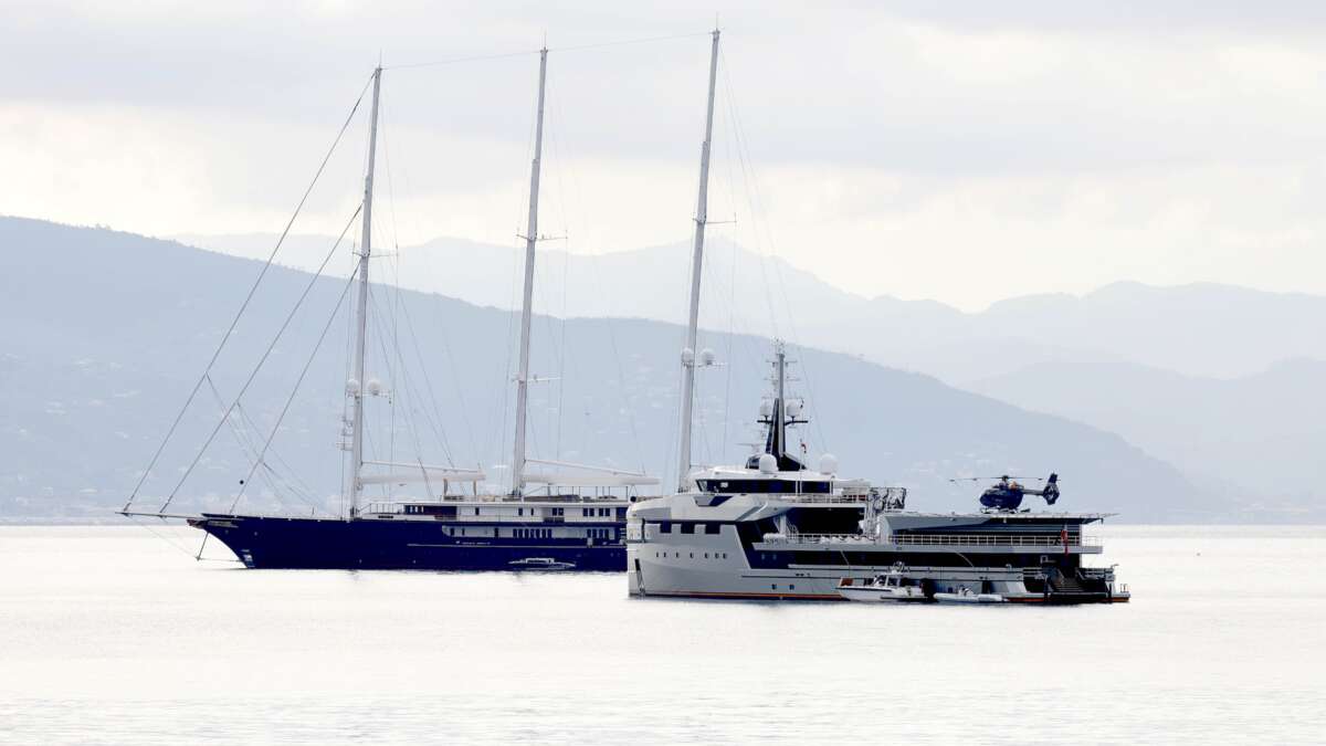 Koru and Abeona, Jeff Bezos’s yachts, are seen on June 13, 2023, in Portofino, Italy.