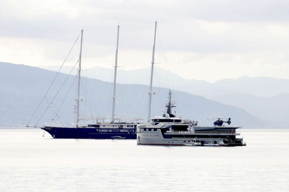 Koru and Abeona, Jeff Bezos’s yachts, are seen on June 13, 2023, in Portofino, Italy.