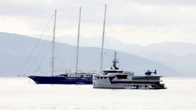 Koru and Abeona, Jeff Bezos’s yachts, are seen on June 13, 2023, in Portofino, Italy.