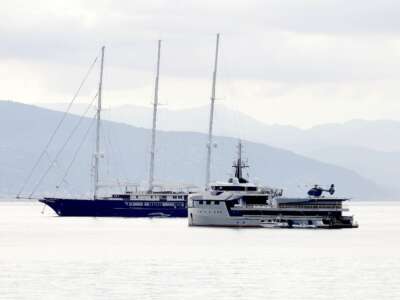 Koru and Abeona, Jeff Bezos’s yachts, are seen on June 13, 2023, in Portofino, Italy.