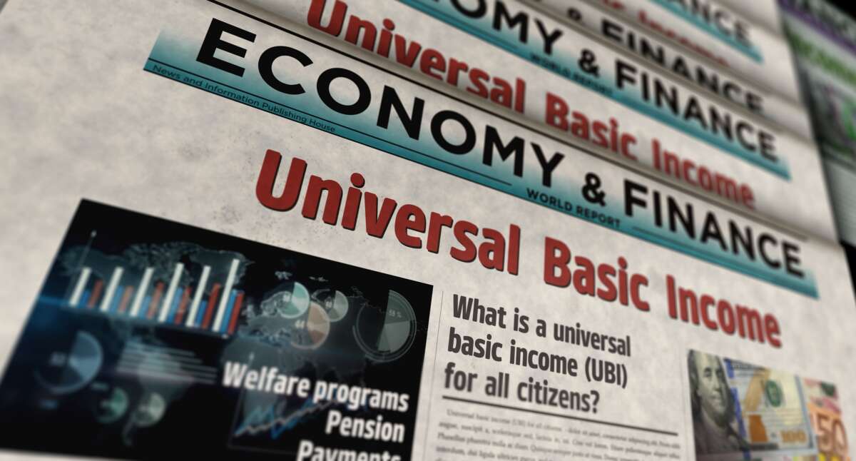 Abstract concept of universal basic income on newspaper printing.