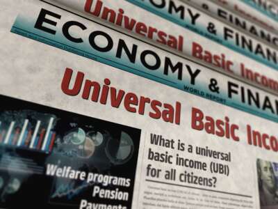 Abstract concept of universal basic income on newspaper printing.