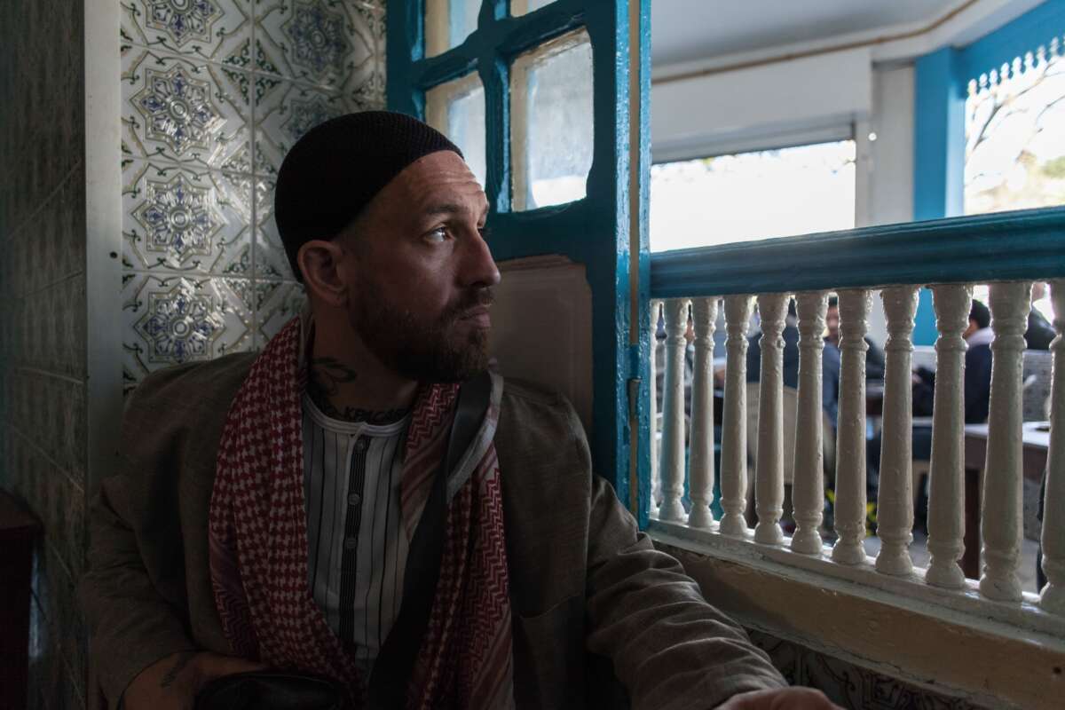 James "Fergie" Chambers sits in a cafe in Tunis, Tunisia, on February 8, 2024.