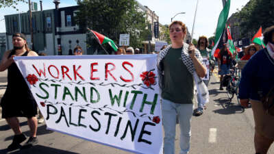 Workers march in support of Palestine on Labor Day in Detroit, Michigan, on September 1, 2025.