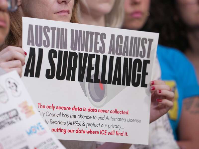 Activists speak out against automated license plate readers during a press conference at city hall on June 4, 2025, in Austin, Texas.