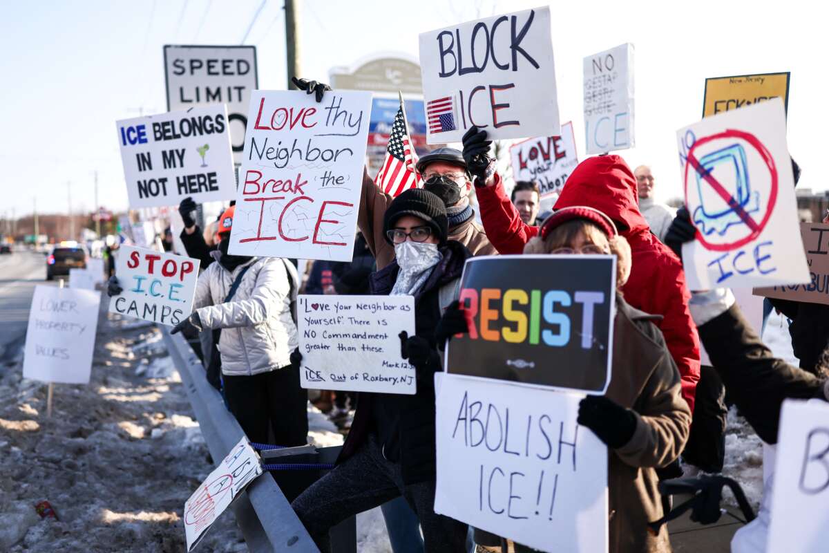 People protest against the planned project of converting a warehouse into an ICE jail in Roxbury, New Jersey, on February 16, 2026.