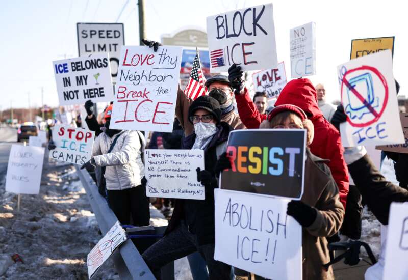 People protest against the planned project of converting a warehouse into an ICE jail in Roxbury, New Jersey, on February 16, 2026.
