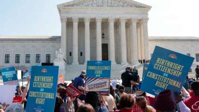 Demonstrators rally in support of birthright citizenship outside the Supreme Court as Donald Trump attends oral arguments in Washington, D.C., on April 1, 2026.