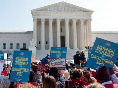 Demonstrators rally in support of birthright citizenship outside the Supreme Court as Donald Trump attends oral arguments in Washington, D.C., on April 1, 2026.