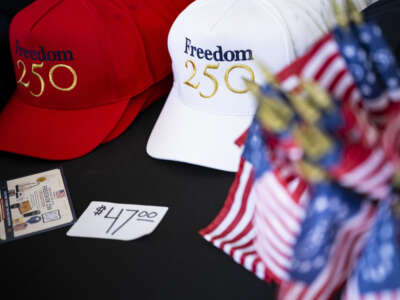 Freedom250 hats and other souvenirs are seen for sale during Rededicate 250: A National Jubilee of Prayer, Praise and Thanksgiving, on the National Mall, on May 17, 2026, in Washington, D.C.