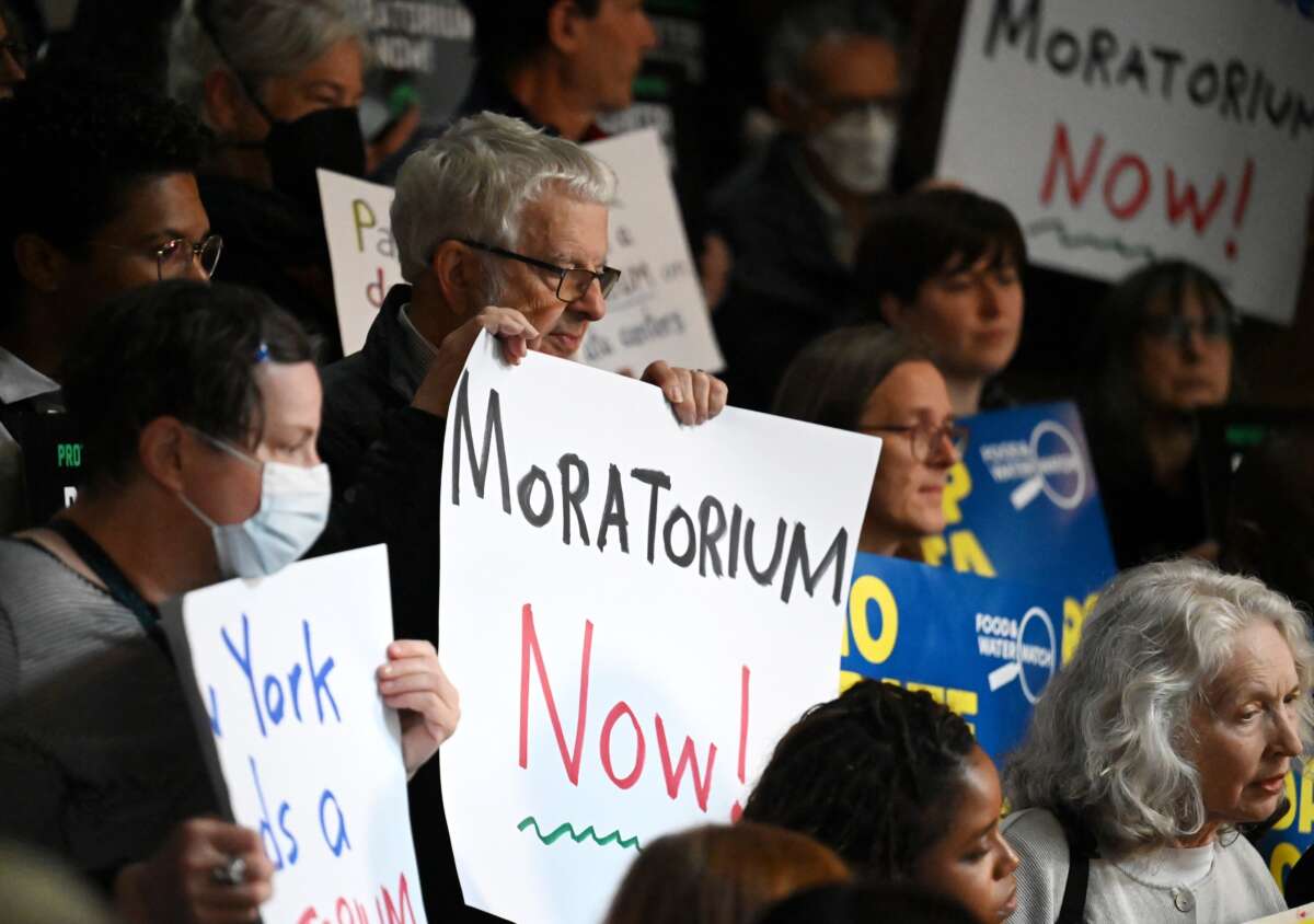 Environmental advocates and progressive lawmakers hold a rally at the Capitol in Albany, New York, in support of legislation that would put a moratorium on new data centers in the state, on May 13, 2026.