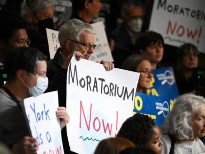 Environmental advocates and progressive lawmakers hold a rally at the Capitol in Albany, New York, in support of legislation that would put a moratorium on new data centers in the state, on May 13, 2026.