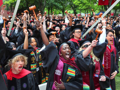 Harvard Law School graduates celebrate at commencement in Cambridge, Massachusetts, on May 28, 2026.