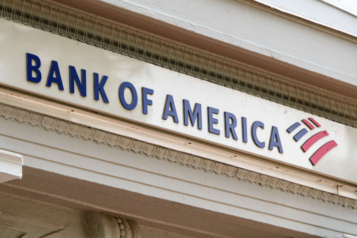 A Bank of America logo is displayed on a sign outside of a bank on June 6, 2026, in Washington, D.C.
