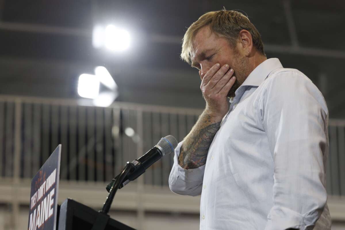 Graham Platner speaks at his primary election event on June 9, 2026, in Blue Hill, Maine.