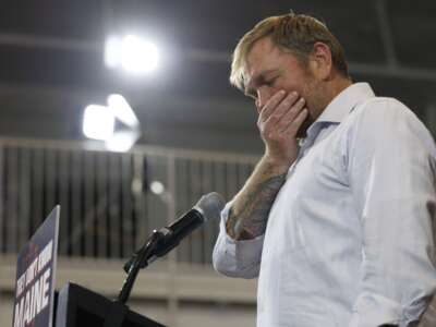 Graham Platner speaks at his primary election event on June 9, 2026, in Blue Hill, Maine.