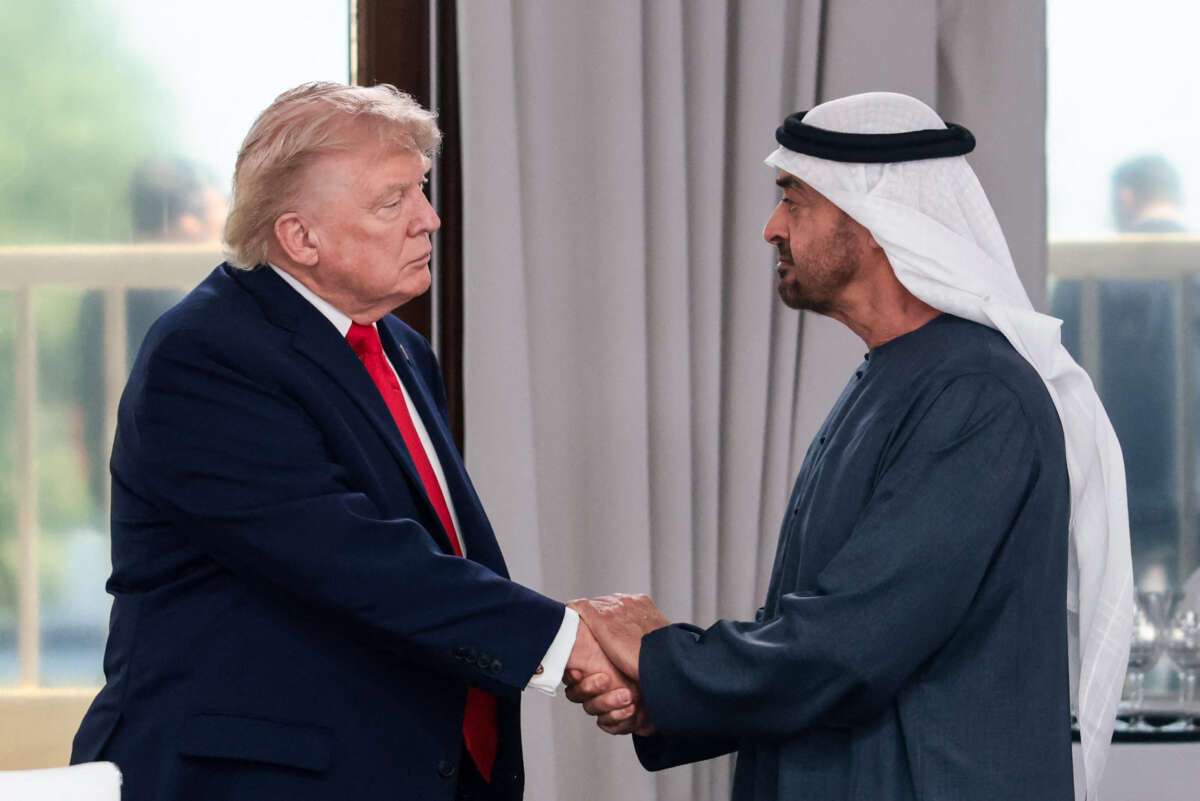 U.S. President Donald Trump greets United Arab Emirates (UAE) President Sheikh Mohamed bin Zayed Al-Nahyan during a work lunch as part of the G7 summit, in Evian, eastern France, on June 16, 2026.