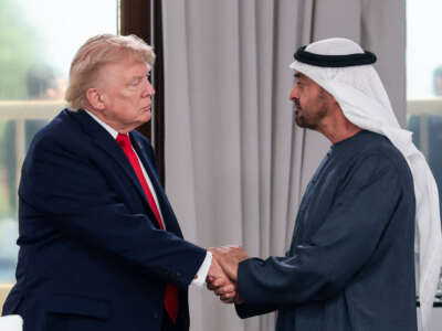 U.S. President Donald Trump greets United Arab Emirates (UAE) President Sheikh Mohamed bin Zayed Al-Nahyan during a work lunch as part of the G7 summit, in Evian, eastern France, on June 16, 2026.