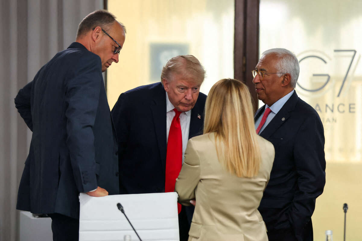 Germany's Chancellor Friedrich Merz (left), President Donald Trump, Italy's Prime Minister Giorgia Meloni and European Council President Antonio Costa attend a work lunch as part of the G7 summit, in Evian, eastern France, on June 16, 2026.