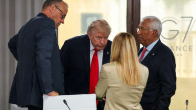 Germany's Chancellor Friedrich Merz (left), President Donald Trump, Italy's Prime Minister Giorgia Meloni and European Council President Antonio Costa attend a work lunch as part of the G7 summit, in Evian, eastern France, on June 16, 2026.