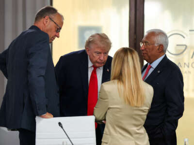 Germany's Chancellor Friedrich Merz (left), President Donald Trump, Italy's Prime Minister Giorgia Meloni and European Council President Antonio Costa attend a work lunch as part of the G7 summit, in Evian, eastern France, on June 16, 2026.